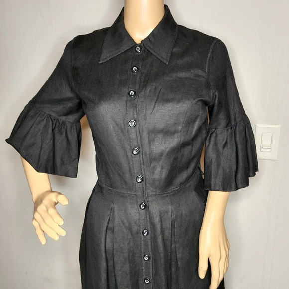 Oscar De La Renta Linen Blend Black Dress Button Front Flare 3/4 Sleeve Size 4 - Picture 12 of 16